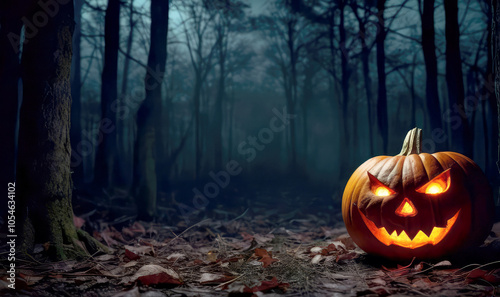 A pumpkin with a scary face is lit up on the ground in a dark spooky forest.Halloween greeting card,autumn holidays concept for design with copy space.