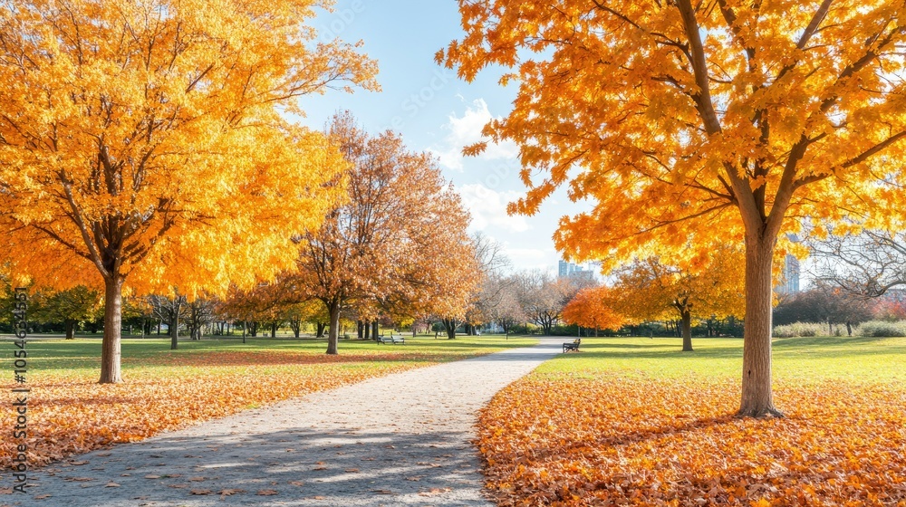 Naklejka premium Scenic Autumn Park Pathway with Vibrant Orange Leaves