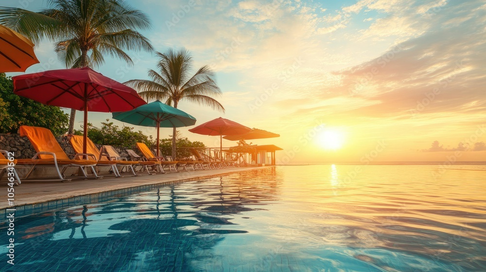 Serene Sunset by the Infinity Pool with Umbrellas Serene Sunset by the Infinity Pool with Umbrellas
