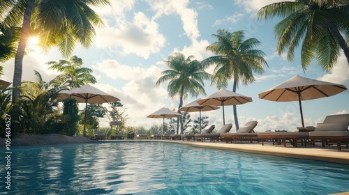 Serene Tropical Poolside with Umbrellas and Palms