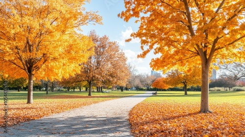 Scenic Autumn Park Pathway with Vibrant Orange Leaves