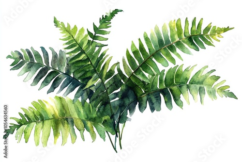 A watercolor painting of a cluster of lush green fern fronds, isolated on a white background.