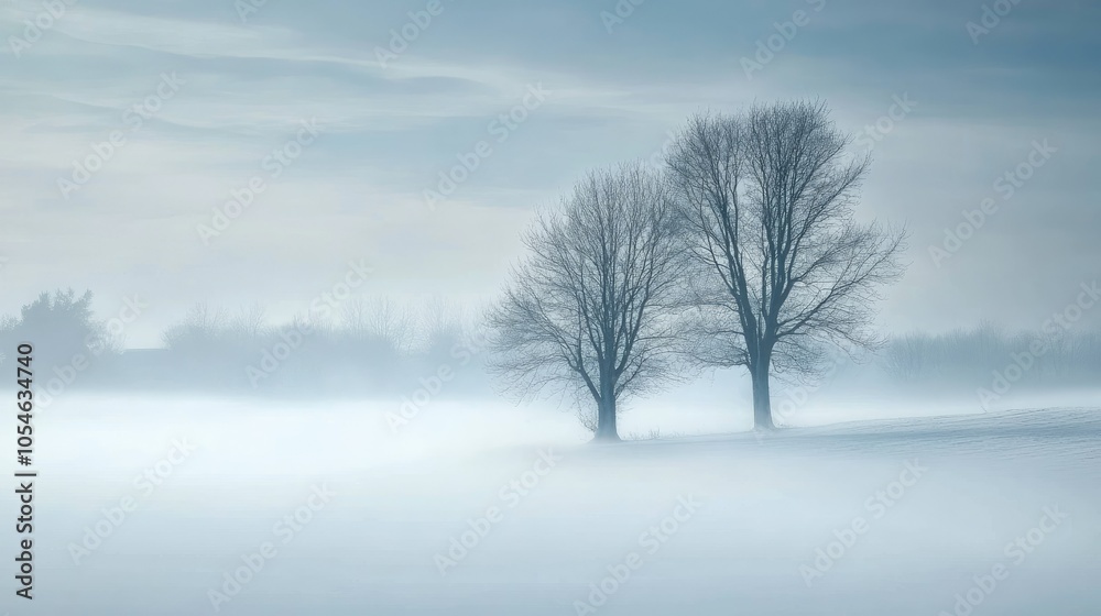 Misty Landscape with Trees Silhouetted in Fog Misty Landscape with Trees Silhouetted in Fog
