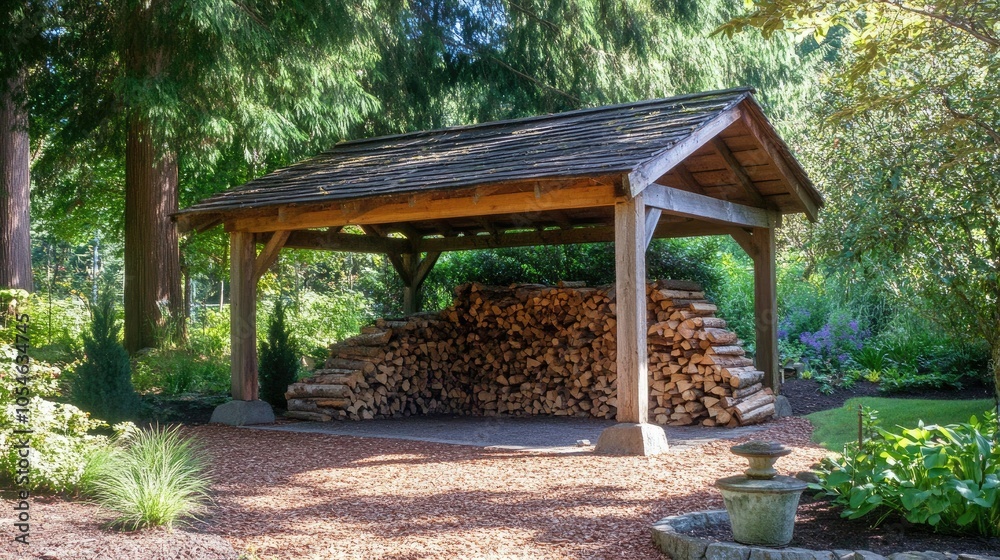Rustic Wood Storage Shed in Lush Garden Setting Rustic Wood Storage Shed in Lush Garden Setting