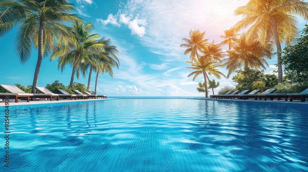 Serene Poolside View with Tropical Palm Trees Serene Poolside View with Tropical Palm Trees