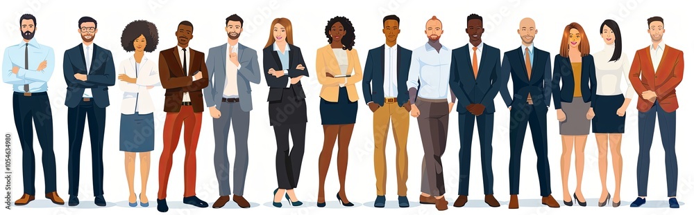 illustration of a diverse group of business professionals, men and women, standing in a row, isolated on a white background. Ideal for business, team illustration of a diverse group of business professionals, men and women, standing in a row, isolated on a white background. Ideal for business, team