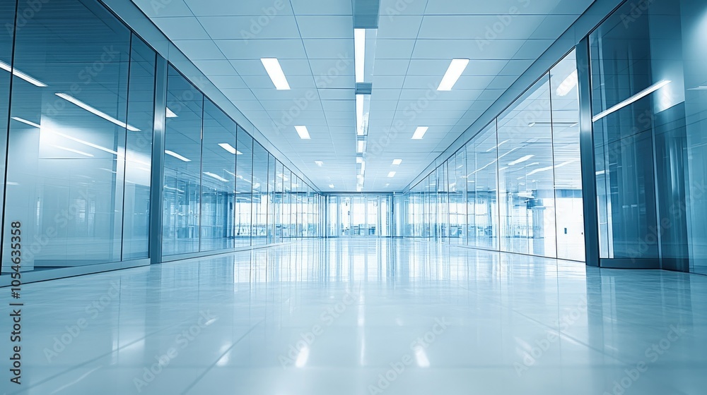 Modern Office Corridor with Glass Walls and Bright Lighting Modern Office Corridor with Glass Walls and Bright Lighting