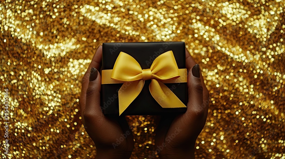 Elegant Black Gift Box with Yellow Bow on Glitter Background Elegant Black Gift Box with Yellow Bow on Glitter Background