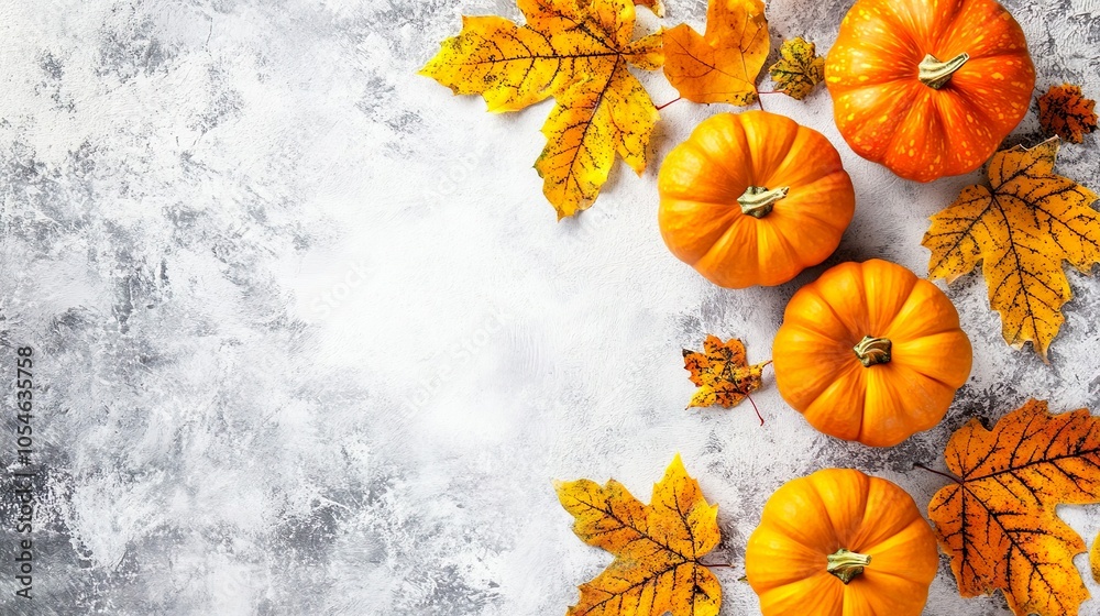Vibrant Fall Leaves and Pumpkins Arranged in a Circular Pattern on Rustic White Background