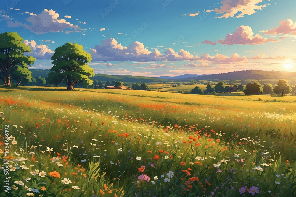 Anime style, sunny afternoon in an open field, wildflowers scattered, gentle breeze, warm and lively scene Anime style, sunny afternoon in an open field, wildflowers scattered, gentle breeze, warm and lively scene
