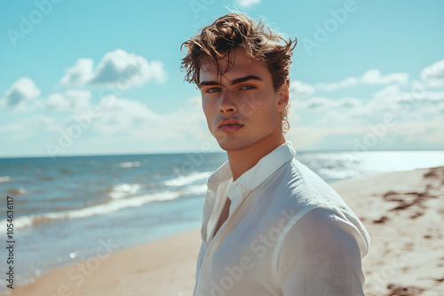 Male Model on the Beach with Blue Sky and Few Clouds in the Background