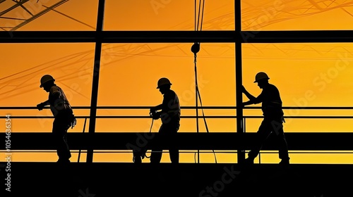 Silhouetted Workers at Sunset in Construction Setting