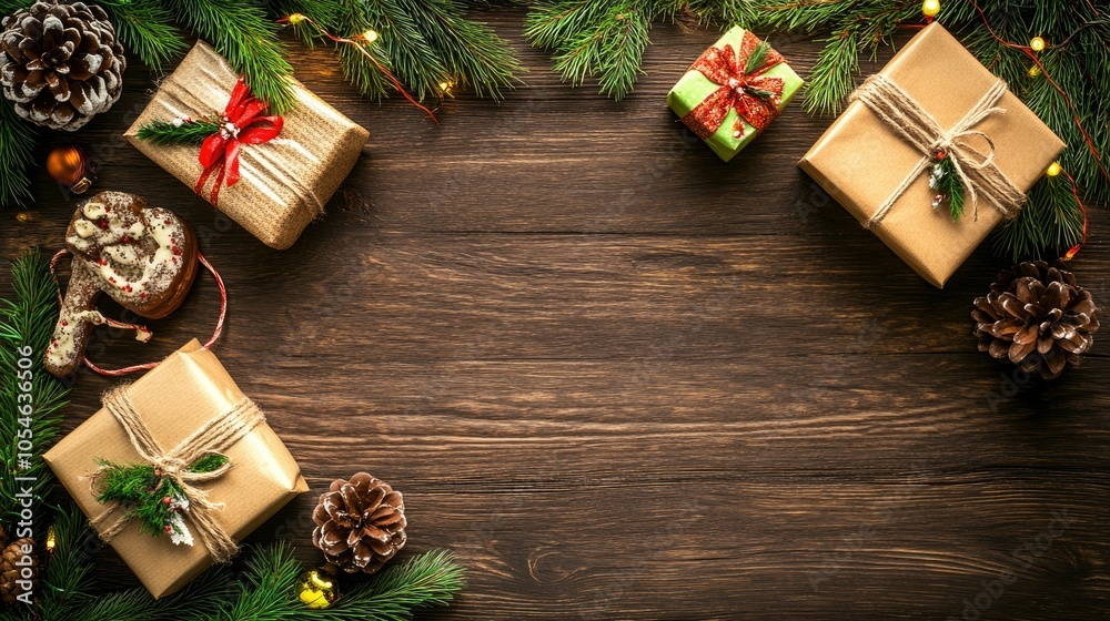 Fototapeta premium Festive Gift Boxes with Pine Decorations on Wooden Table