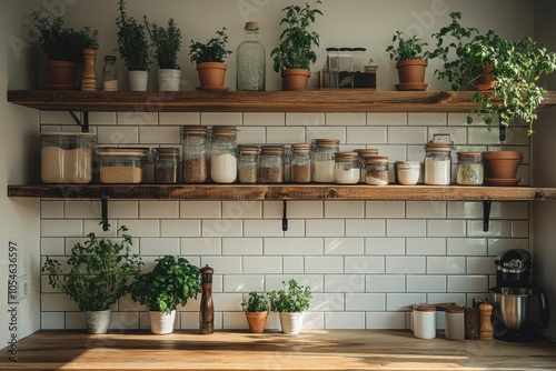 interior design style, simple kinfolk-inspired kitchen featuring open wooden shelves, white subway tiles, and fresh herbs on the windowsill photo