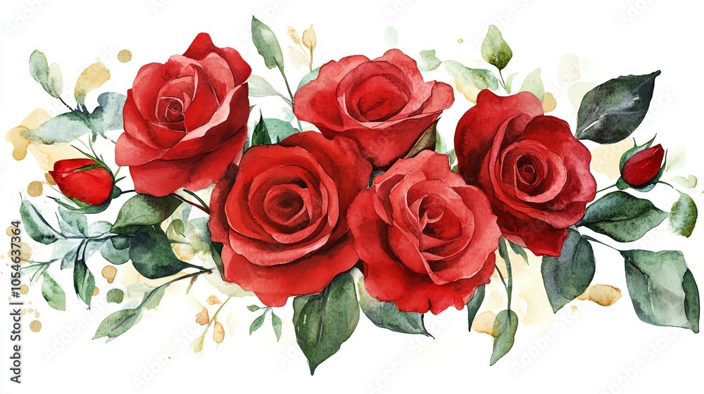 Obraz premium Watercolor painting of a bouquet of red roses with green leaves and buds on a white background.