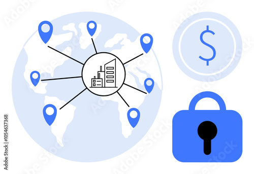 A globe with multiple location pins connected to a central business icon. Adjacent are a currency symbol and a padlock. Ideal for business connectivity, global distribution, financial security