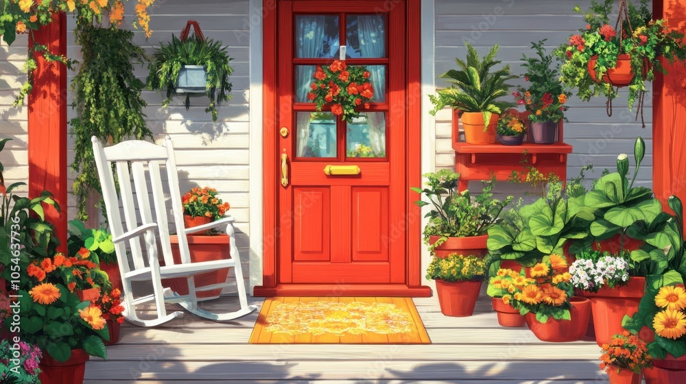Fototapeta premium Charming Garden Entrance with Bright Red Door