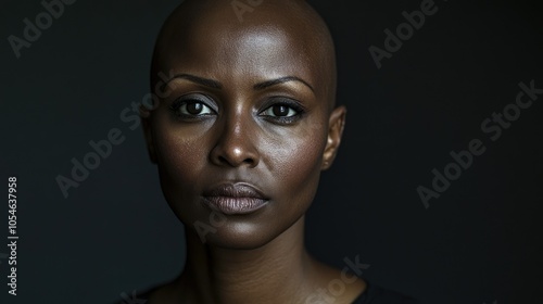 Portrait of a dark-skinned woman suffering from cancer after severe hair loss due to chemotherapy treatment