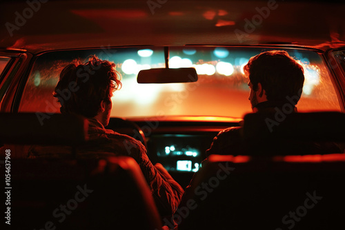 Two people in car at night, gazing at city lights through fogged-up window. photo