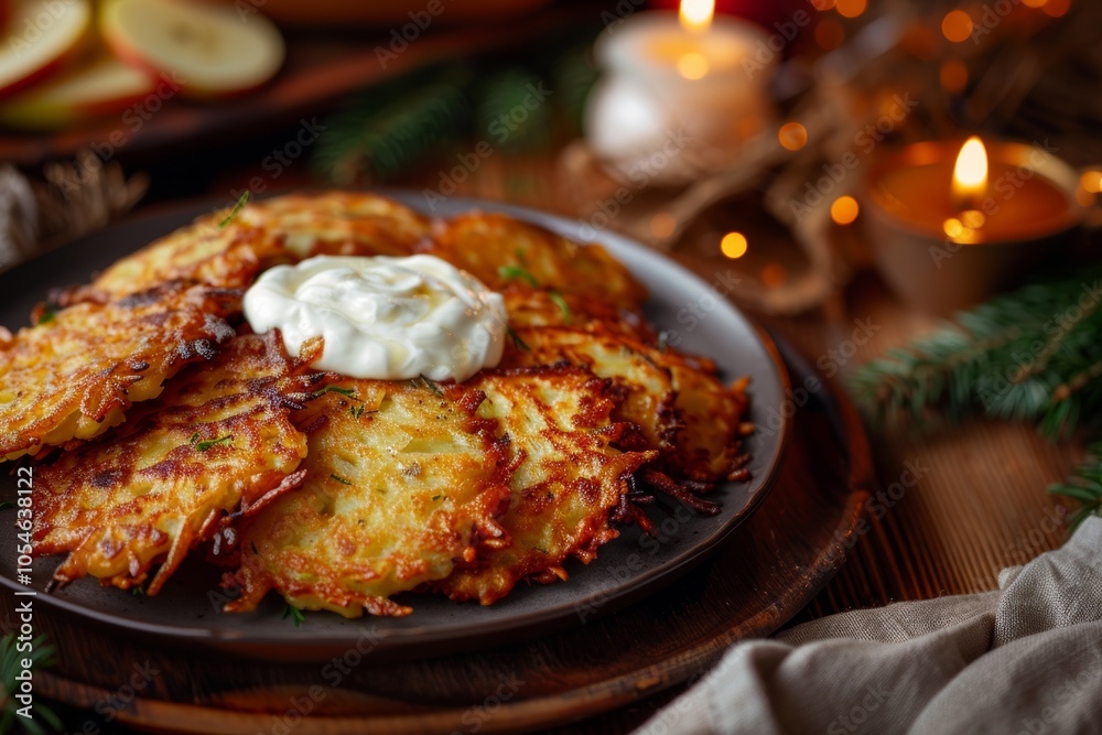 Crispy potato pancakes with sour cream in cozy candlelit setting Crispy potato pancakes with sour cream in cozy candlelit setting