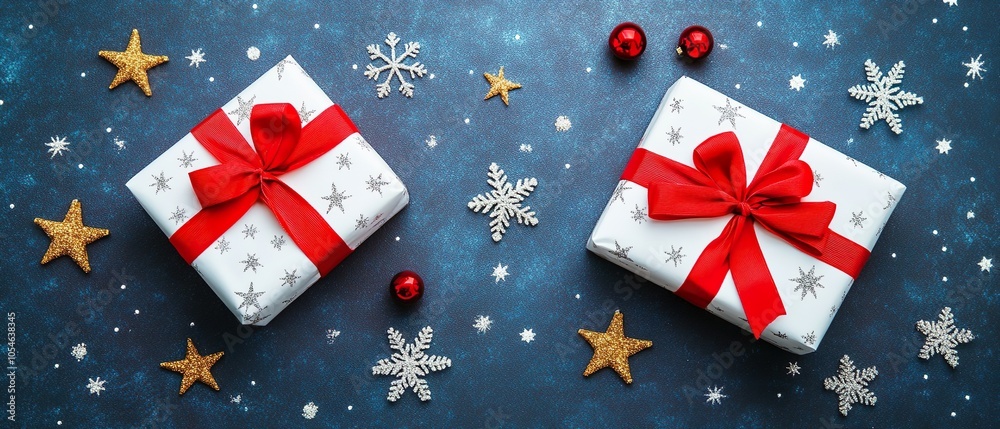 Obraz premium Stylish Christmas Gift Boxes with Red Satin Ribbons and Snowflakes on Festive Dark Background