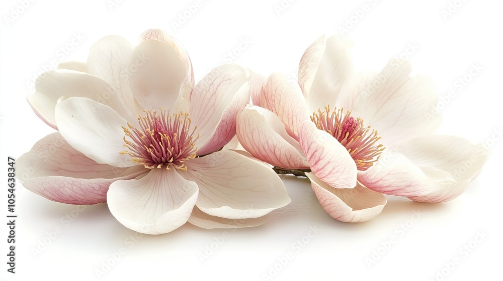 Two delicate magnolia flowers with soft pink hues on a white background. Two delicate magnolia flowers with soft pink hues on a white background.