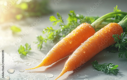 Two vibrant orange carrots with lush green tops, leaning against each other on a clean white background, softly illuminated to highlight their fresh texture....