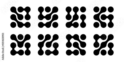 Meta balls forms. Circuit elements. Connected liquid drops, organic blobs or amorphous shapes patterns. Cells, neurons or molecules isolated on white background. Vector graphic illustration.