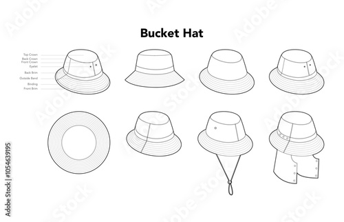 Set of Bucket Hats - diagram with name parts, Refined Weatherproof Modular, Sahara Outdoor Garden Fisherman. Head Fashion accessory cap clothing technical illustration. Vector headgear, flat template