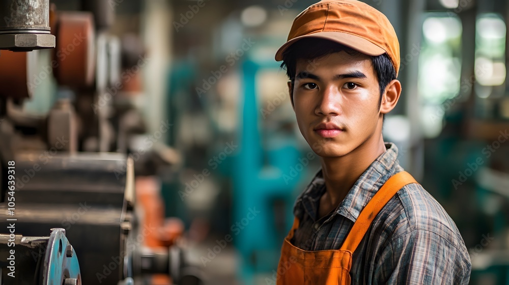 Portrait of worker in factory. Young handsome man working in factory. 