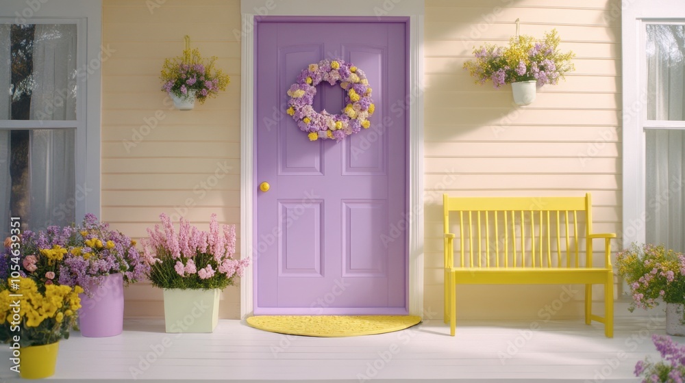Fototapeta premium Charming Purple Door Decorated with Flowers