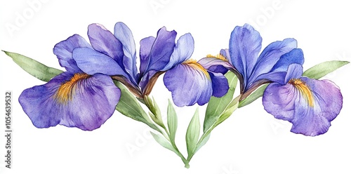 Watercolor painting of three purple iris flowers with green leaves.