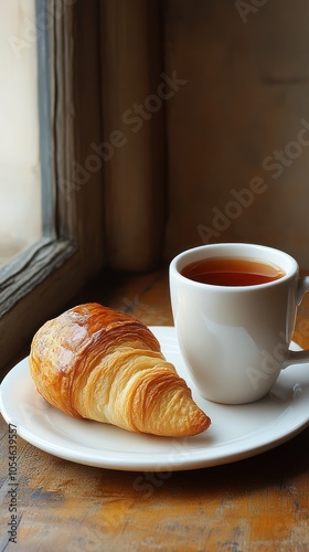 A Buttery Croissant and a Cup of Tea on a Wooden Table