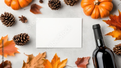 A blank A5 card rests on vibrant autumn leaves with pumpkins, pine cones, and wine bottles in a peaceful woodland environment