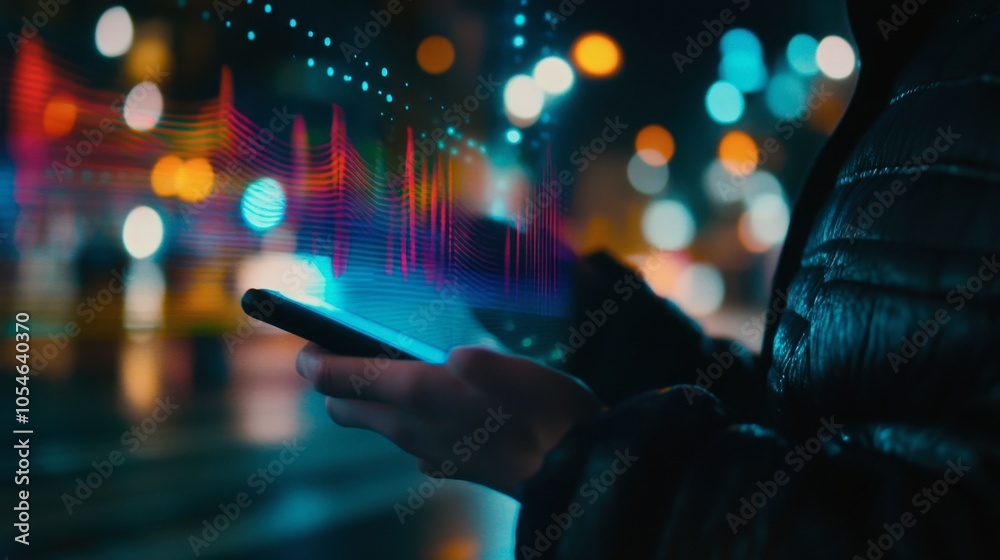 Person Using Smartphone with Colorful Data Visualization Person Using Smartphone with Colorful Data Visualization