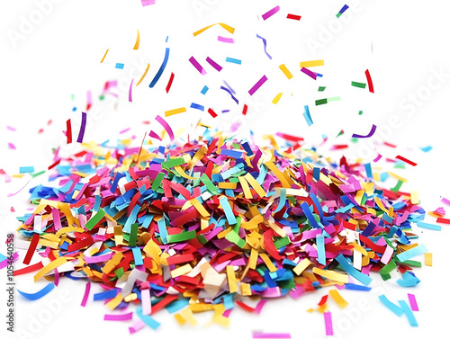 A pile of colorful confetti on a white background. The confetti is scattered and some pieces are falling from above.
