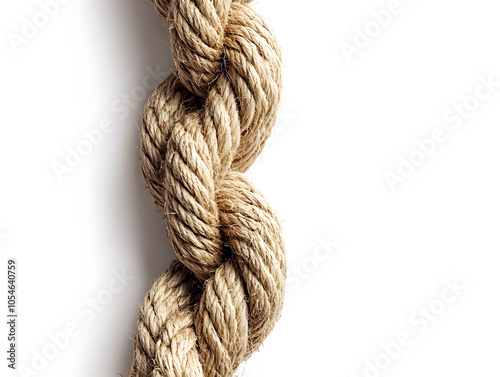 Close-up of a thick rope with a knot, isolated on a white background.