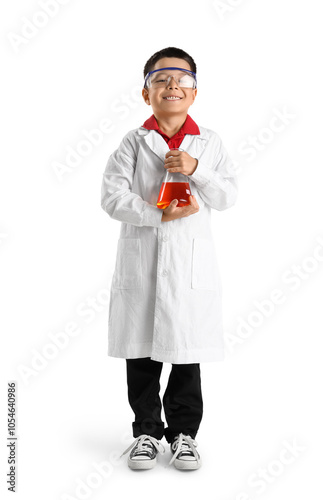 Cute little boy with chemical flask on white background