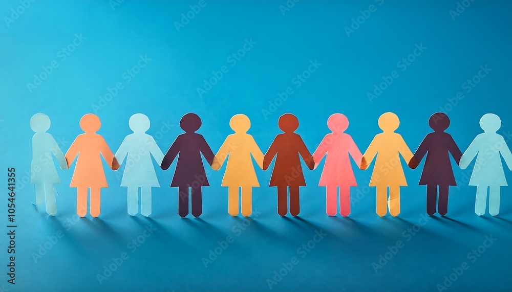 chain of colorful paper cut out humans holding hands on a blue studio background