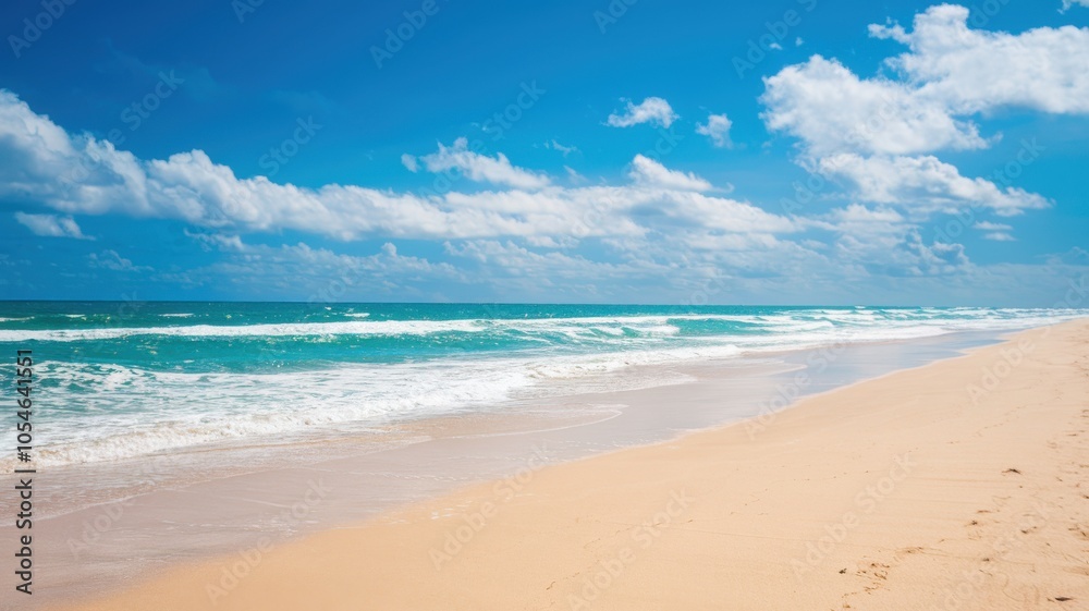 Tranquil beach scene with clear blue sky, soft waves, and golden sandy shore. Tranquil beach scene with clear blue sky, soft waves, and golden sandy shore.