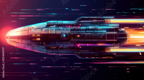 Fototapeta Naklejka Na Ścianę i Meble -  Design a futuristic spacecraft with neon engines and metallic hull. Terraforming Machine. Illustration