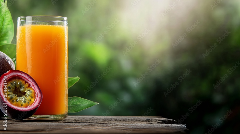 Freshly squeezed passion fruit juice in a glass with a halved passion fruit on a wooden table.