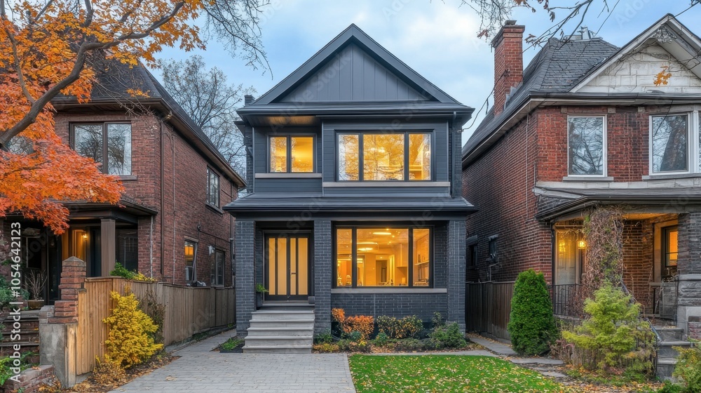 Modern Home Exterior with Warm Lighting and Autumn Foliage Modern Home Exterior with Warm Lighting and Autumn Foliage