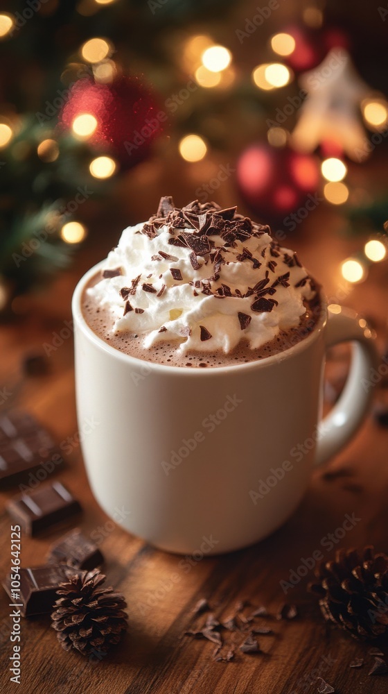 Cup of hot chocolate topped with whipped cream and chocolate shavings in a cozy, festive setting with holiday lights in the background. Cup of hot chocolate topped with whipped cream and chocolate shavings in a cozy, festive setting with holiday lights in the background.