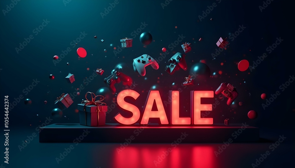 Neon SALE sign with video game controllers and gifts in a dark blue background
