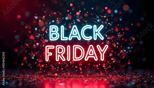 Black Friday neon sign with red and blue bokeh lights