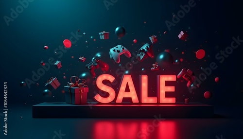 Obraz na płótnie Neon SALE sign with video game controllers and gifts in a dark blue background w salonie
