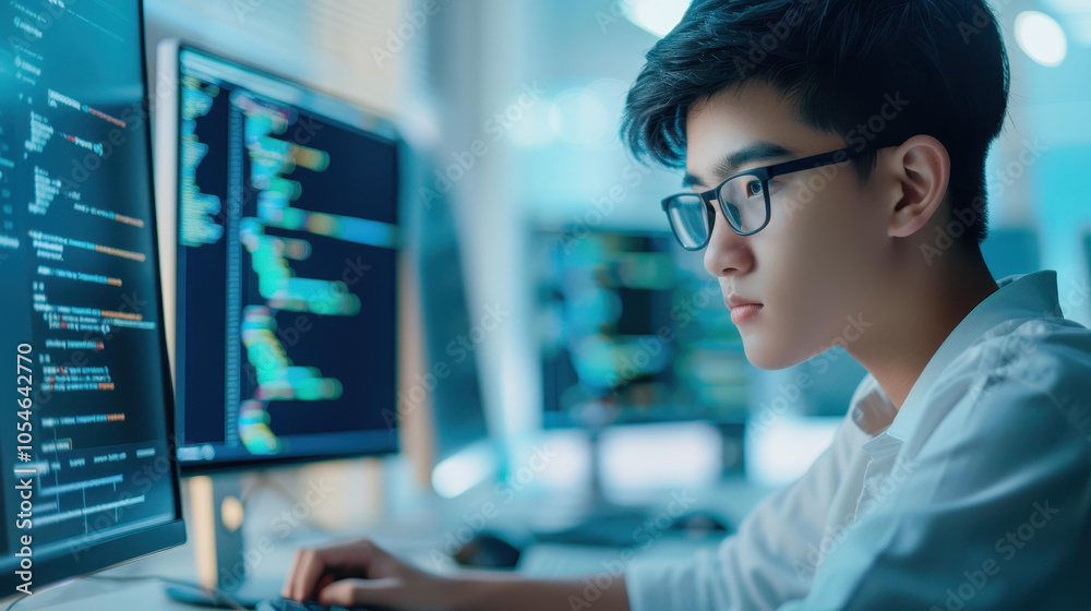 A skilled tech expert analyzes data trends while optimizing databases in a bright, modern office space. A skilled tech expert analyzes data trends while optimizing databases in a bright, modern office space.