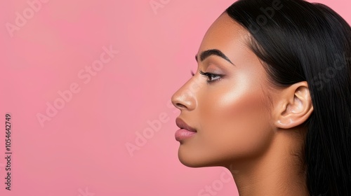 Young lady poses in a shiny top against a vibrant pink background, perfect for ads and profiles. Eyecatching and stylish