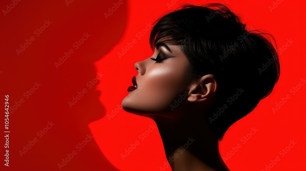 Captivating silhouette of a woman gracefully posing against a deep red backdrop, evoking elegance and strength.
